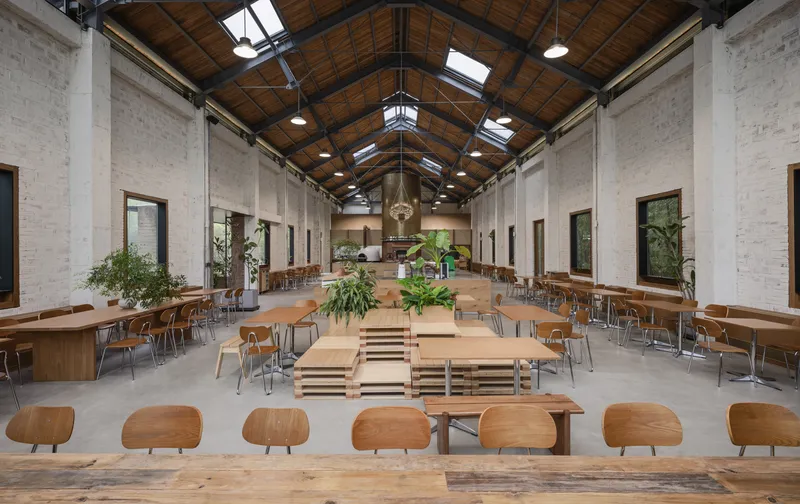 Long view of the timber-clad ceiling with steel beams and wooden furniture beneath planted pots