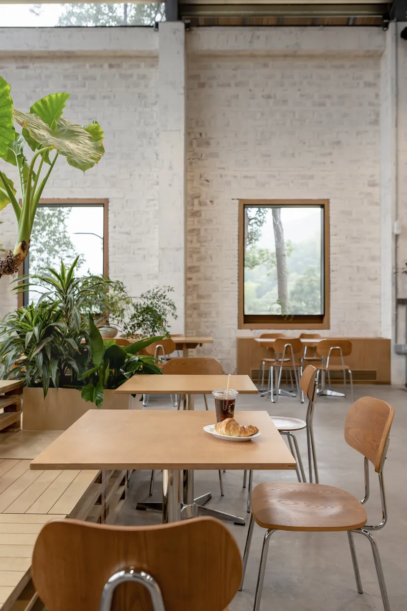 Timber dining tables and chairs against whitewashed brick wall with windows framing forest views and potted plants