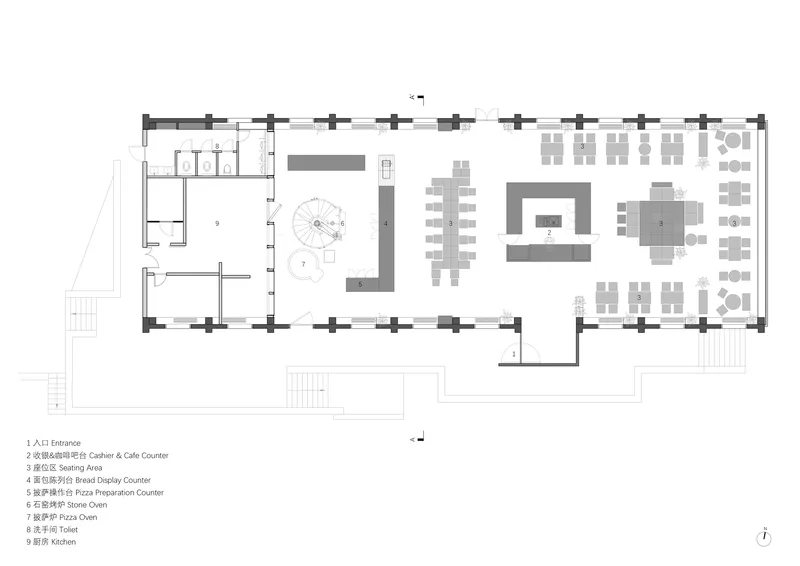 Floor plan drawing showing an open layout with seating areas, kitchen and service zones