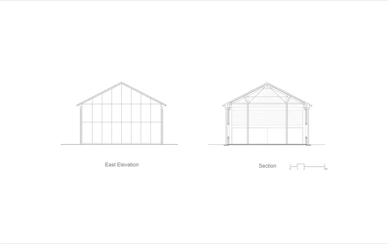 Elevation and section drawings showing a gabled structure with vertical cladding and exposed timber framing