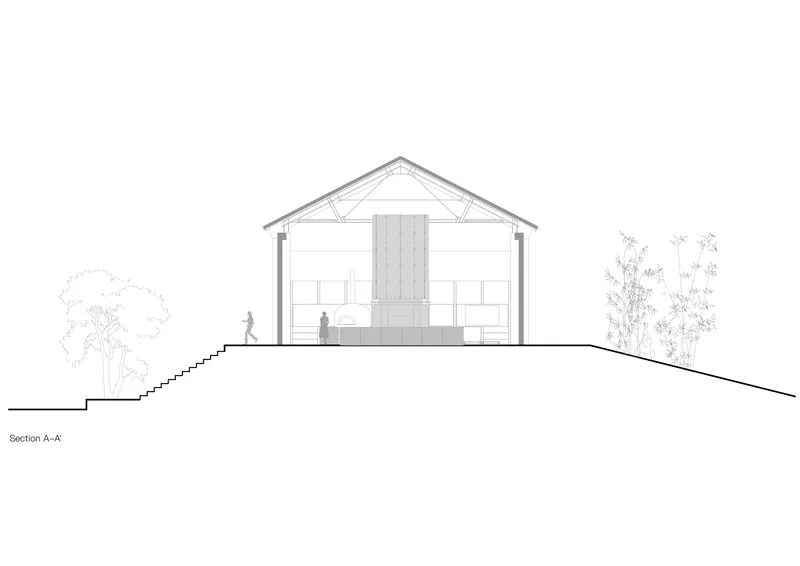 Section drawing showing exposed timber roof trusses and a central fireplace with figures and trees