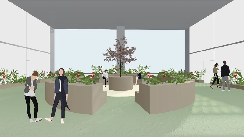 Central landscaped courtyard integrating nature into the vertical workspace.