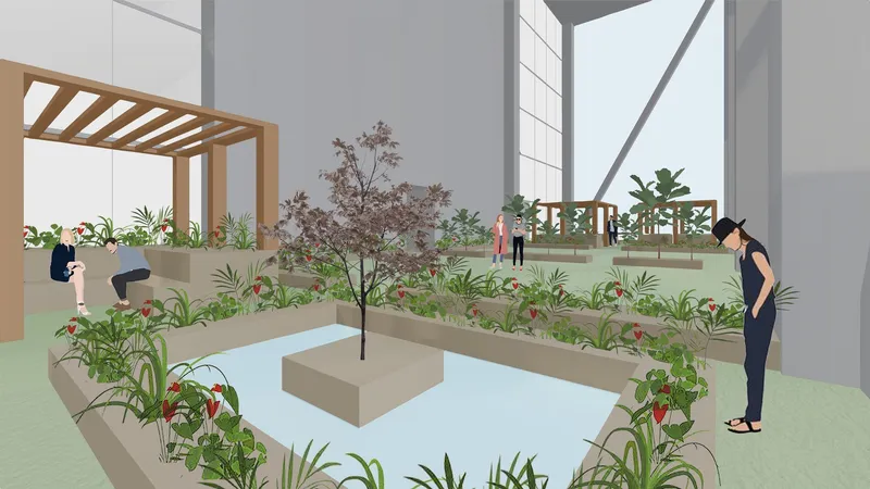 Biophilic terraces creating calm, collaborative environments across levels.