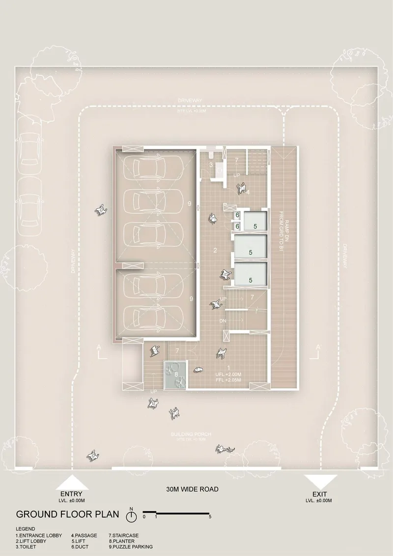Ground floor plan drawing showing parking area and residential lobby with surrounding landscape