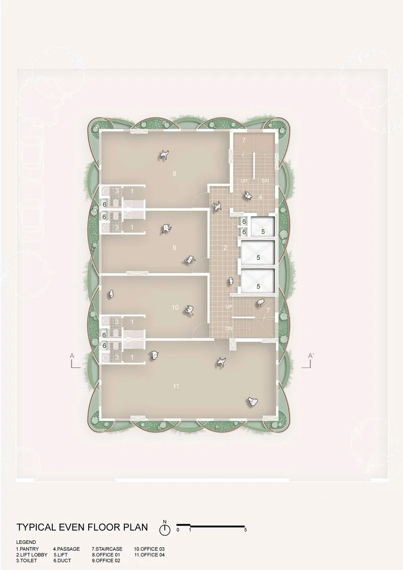Typical floor plan drawing showing residential units with planted balconies wrapping the perimeter