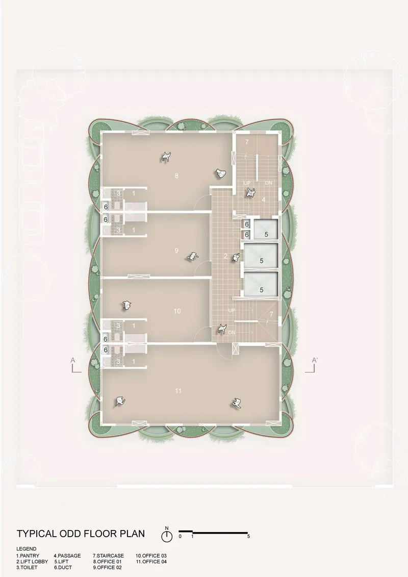Floor plan drawing showing a rectangular building with interior rooms and surrounding landscape buffer of trees