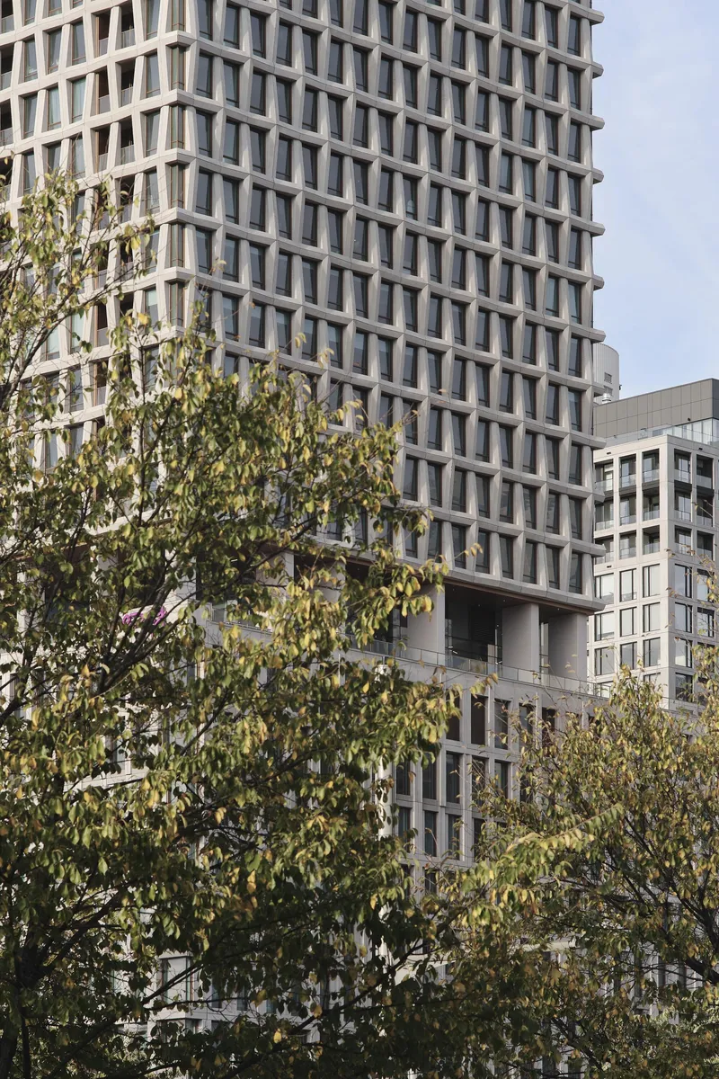Lower podium volume with open terraces partially screened by autumn foliage from street trees