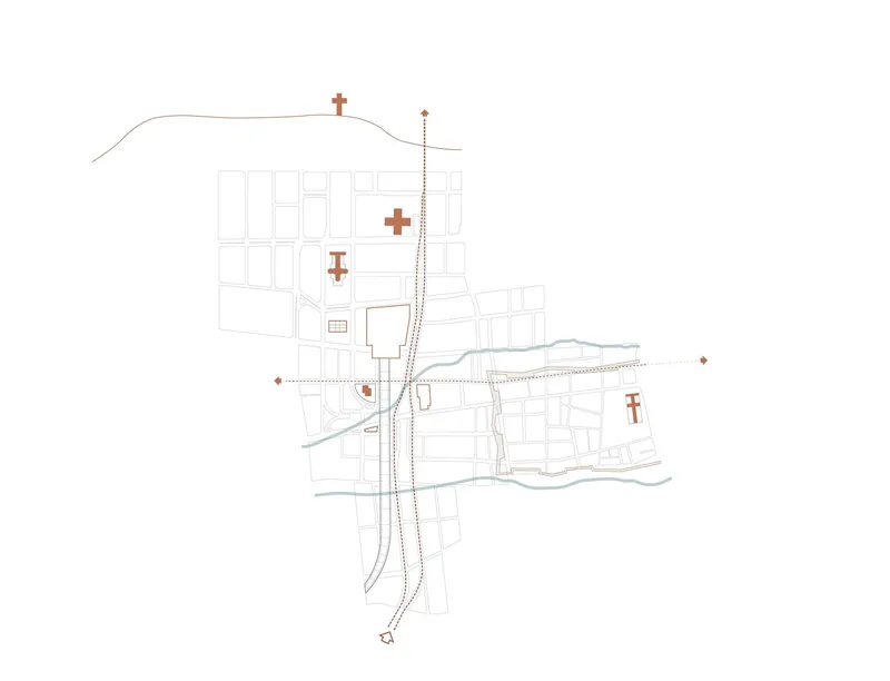 Site plan drawing showing buildings and pathways with topographic contours and orange marker symbols