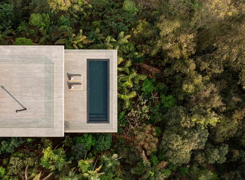 Aerial view of pale concrete roof terrace with swimming pool surrounded by dense canopy