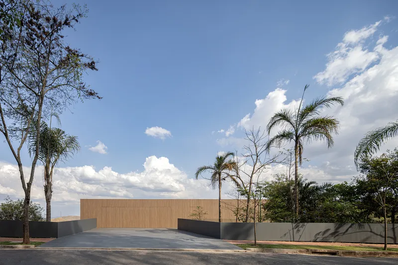 Street view of the timber clad wall rising above a grey base with scattered palms under cloudy skies