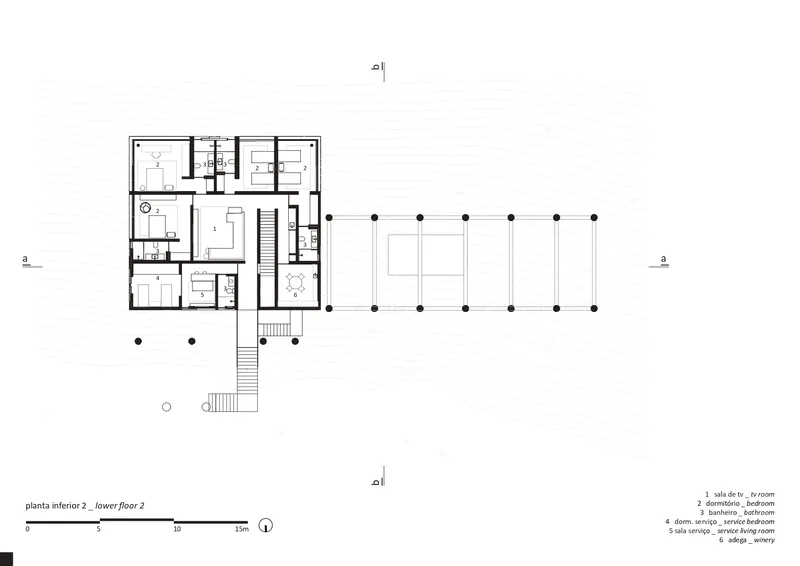 Floor plan drawing showing upper level rooms and colonnade terrace extension