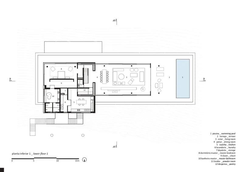Floor plan drawing showing open living spaces with pool terrace on lower level