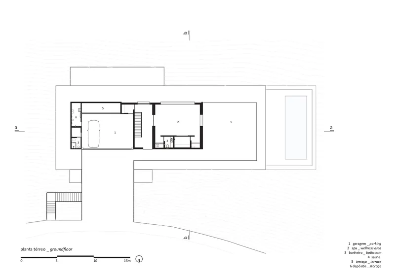 Ground floor plan drawing showing garage, terrace and sloped site boundary