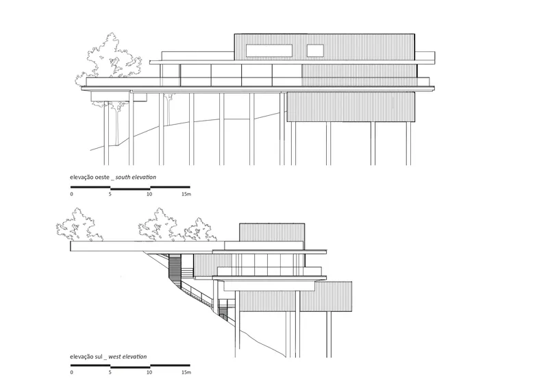 South and west elevation drawings depicting stacked volumes on sloped terrain with adjacent trees