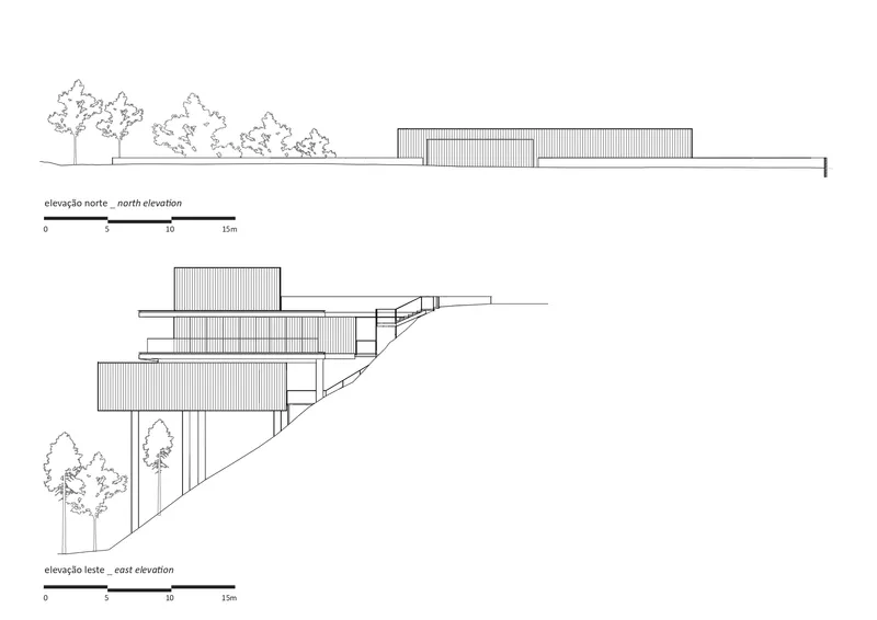 North and east elevation drawings showing the cantilevered volumes stepping down a hillside with vegetation