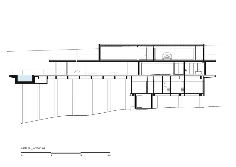 Section drawing through the multi-level residence revealing interior spatial relationships on the slope