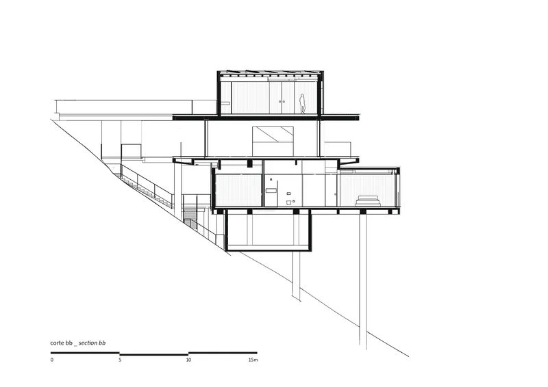 Section drawing showing the vertical circulation and room configurations across the hillside site