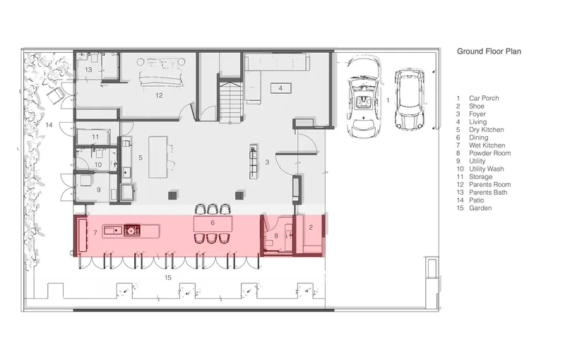 Ground floor plan drawing showing living spaces organized around central courtyards and a two-car porch