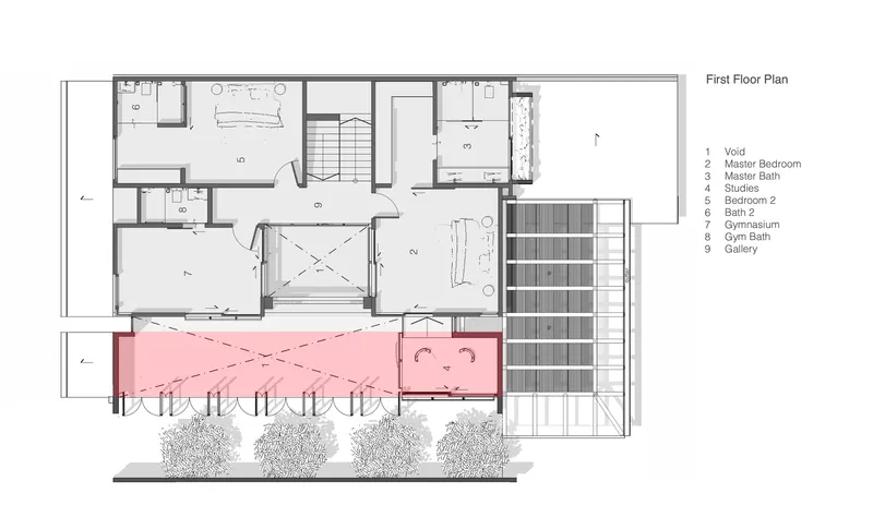 First floor plan drawing showing bedrooms and central void with pink-highlighted cantilevered volume and solar panels