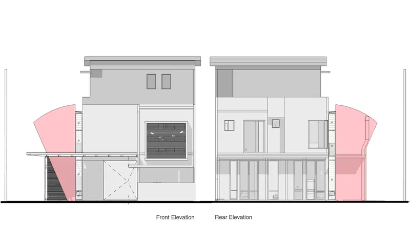 Front and rear elevation drawings showing two-story volumes with pink wing-shaped elements flanking both facades