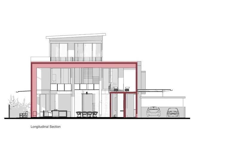 Longitudinal section drawing showing interior spaces across three levels with pink structural frame highlighted throughout