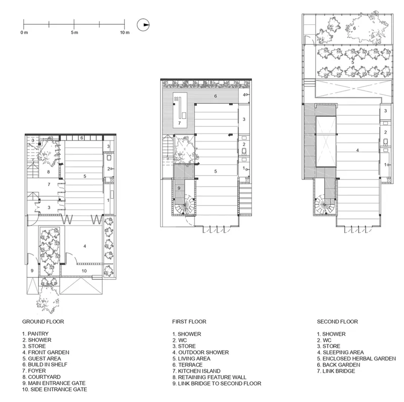 Floor plan drawings showing three levels with internal courtyards and planted areas distributed throughout the layout