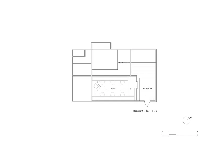 Basement floor plan drawing showing office and storage areas with partial level changes