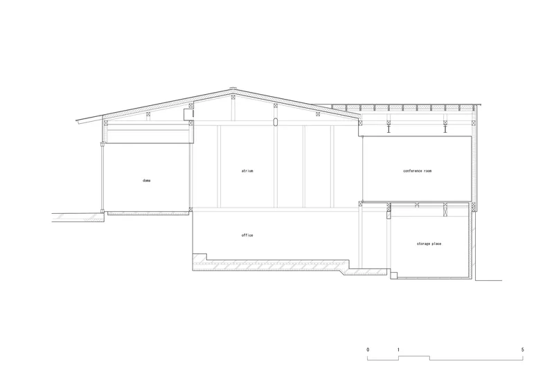 Section drawing revealing pitched roof structure over atrium space and lower office level