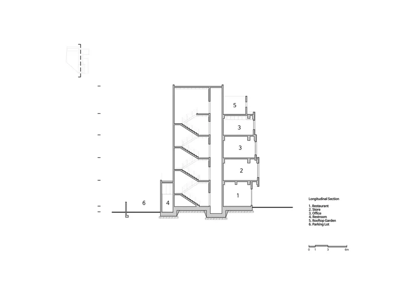 Longitudinal section drawing showing stair connections between floors and a vertical circulation tower