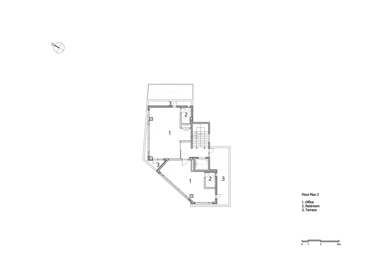 Floor plan drawing showing an angled workspace with cantilevered side rooms and central stairs