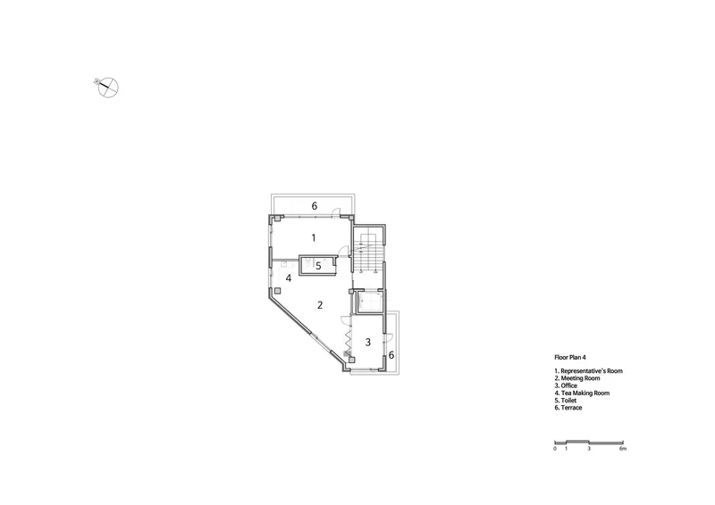 Floor plan drawing showing meeting rooms and circulation core arranged along an angled spine