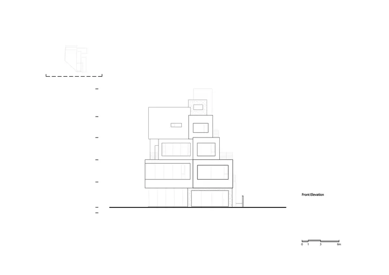 Front elevation drawing showing stacked boxes stepping upward from ground level