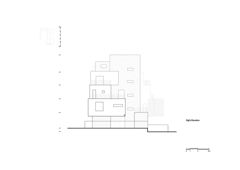 Right elevation drawing showing a terraced composition of stacked volumes with textured and solid surfaces