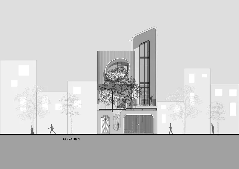 Elevation drawing showing the narrow facade with oval window and arched ground floor opening
