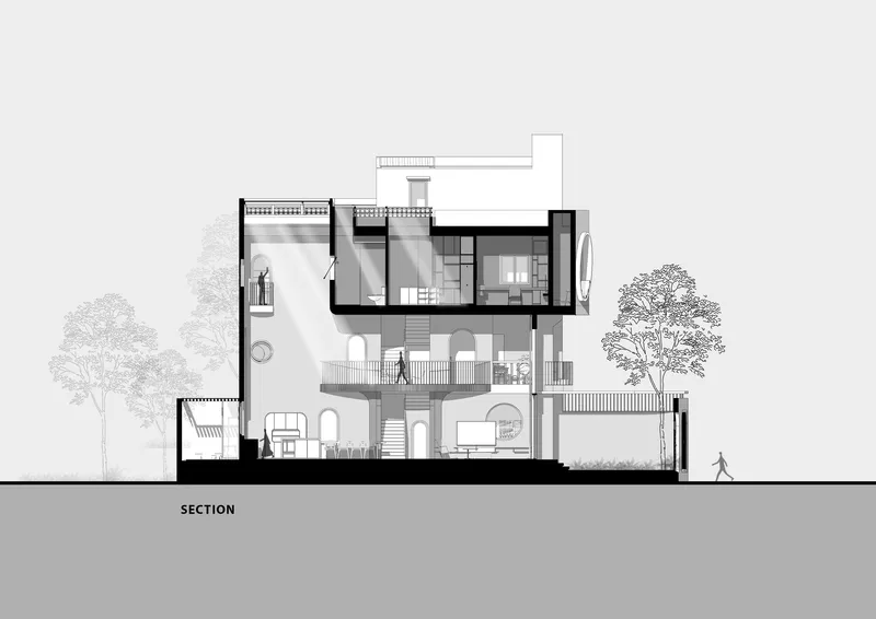 Section drawing showing vertical spatial organization across multiple floors with flanking trees