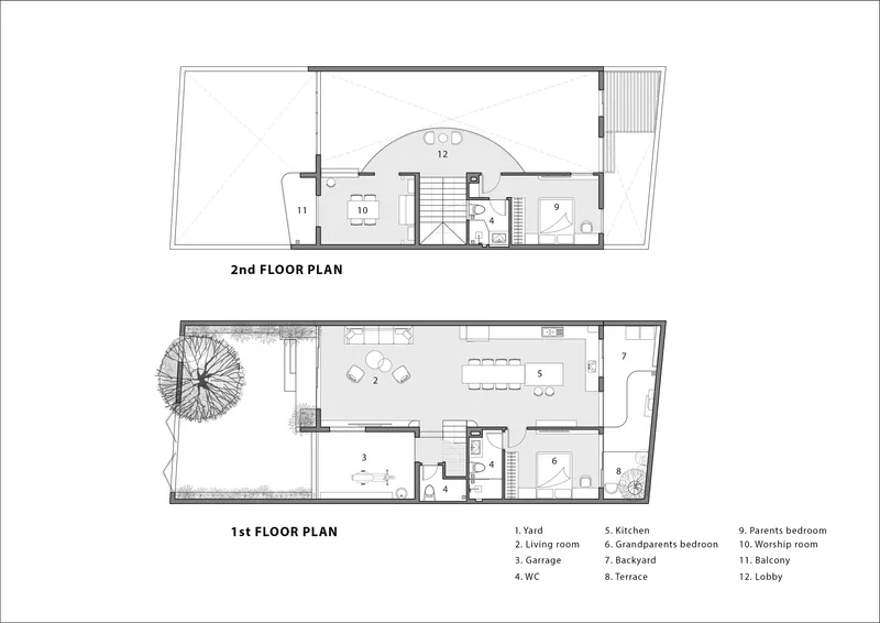 Floor plan drawing showing first and second floor layouts with central staircase and courtyard
