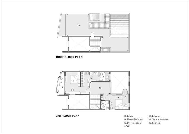 Floor plan drawing showing third floor and roof level with bedroom distribution and rooftop terrace