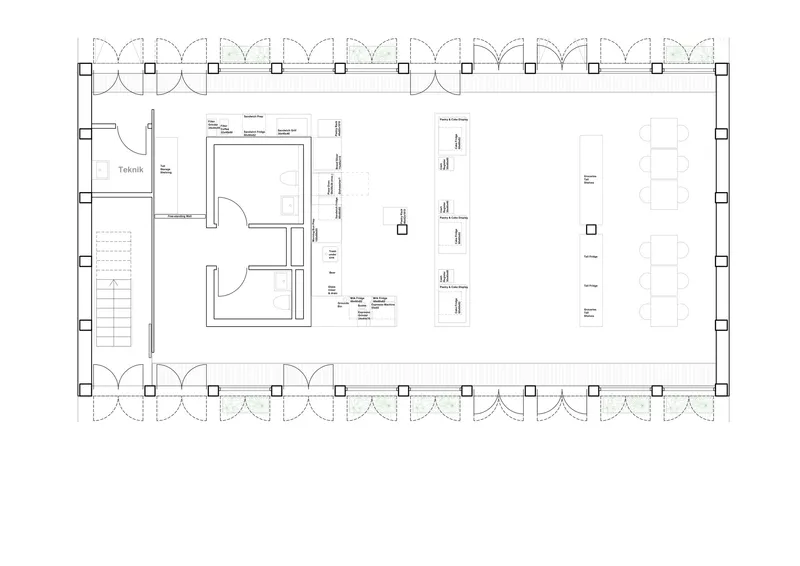 Floor plan drawing showing open dining area with arched perimeter and enclosed service zones