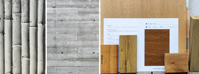 Material sample board with bamboo formwork concrete panel and wood veneer swatches on plywood
