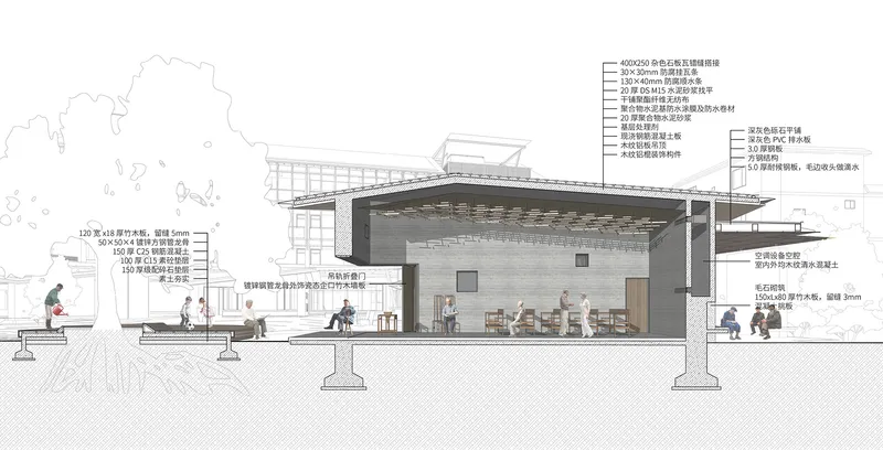Section drawing revealing the double-height interior space with exposed timber roof structure and annotated details