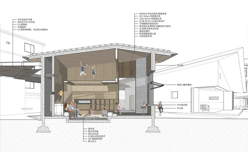 Section drawing showing the multi-level interior with brick walls and annotated construction specifications