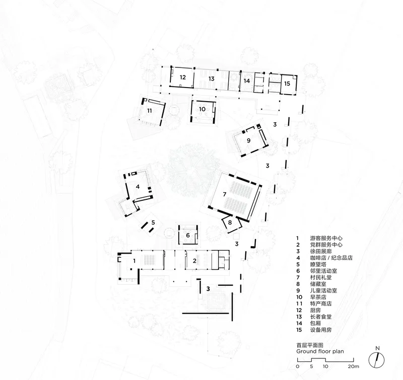 Ground floor plan showing clustered pavilion volumes arranged around open courtyards and numbered room designations