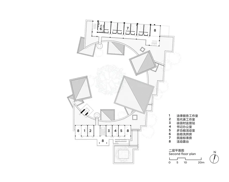 Second floor plan showing pyramidal roofed volumes arranged around a central courtyard with a tree
