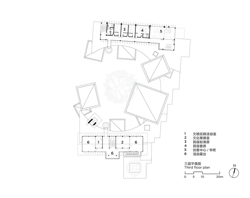 Third floor plan showing pyramidal roofed volumes with interior rooms along a linear bar at the perimeter