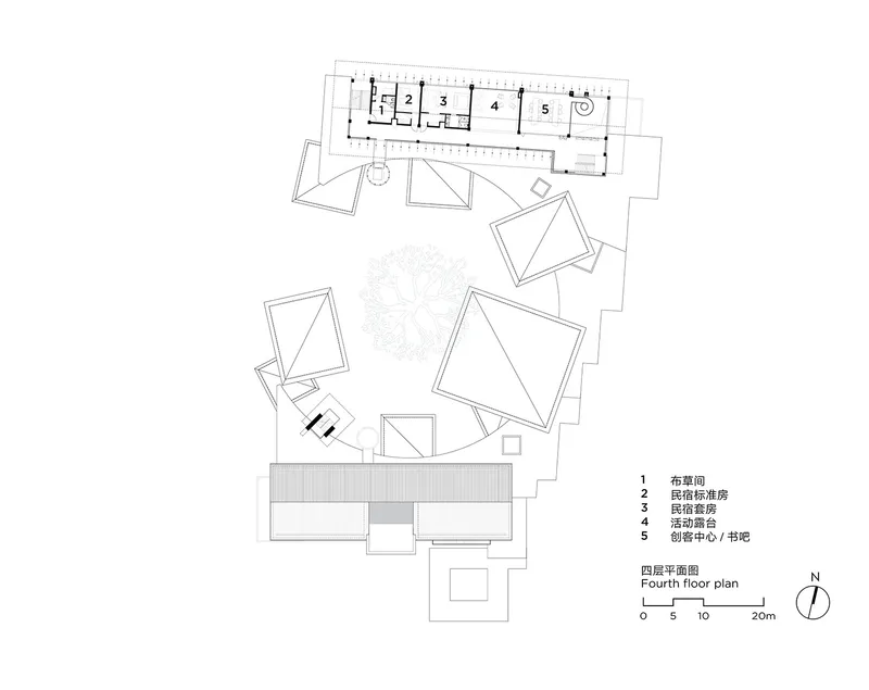 Fourth floor plan showing pyramidal roofed volumes with a terrace space at the southern edge