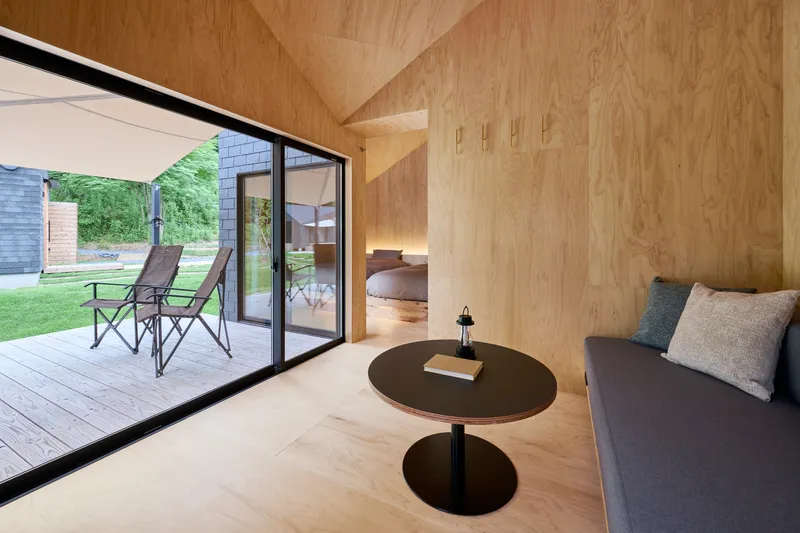 Plywood interior with vaulted ceiling and corner glazing opening to lawn and adjacent volumes
