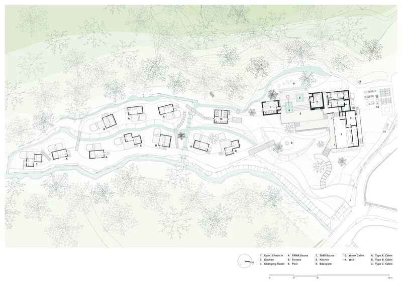 Site plan drawing showing scattered cabin footprints along a winding stream and terraced contours