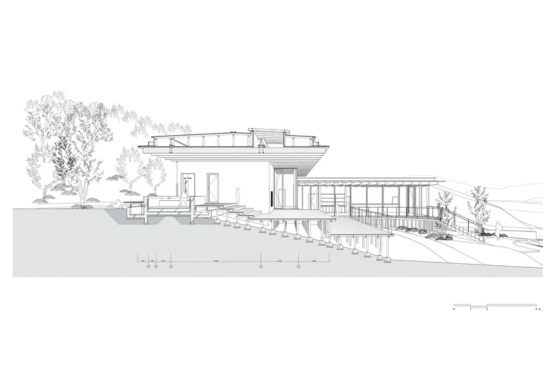 Section drawing showing a multi-level structure on sloping terrain with exterior stairs and trees