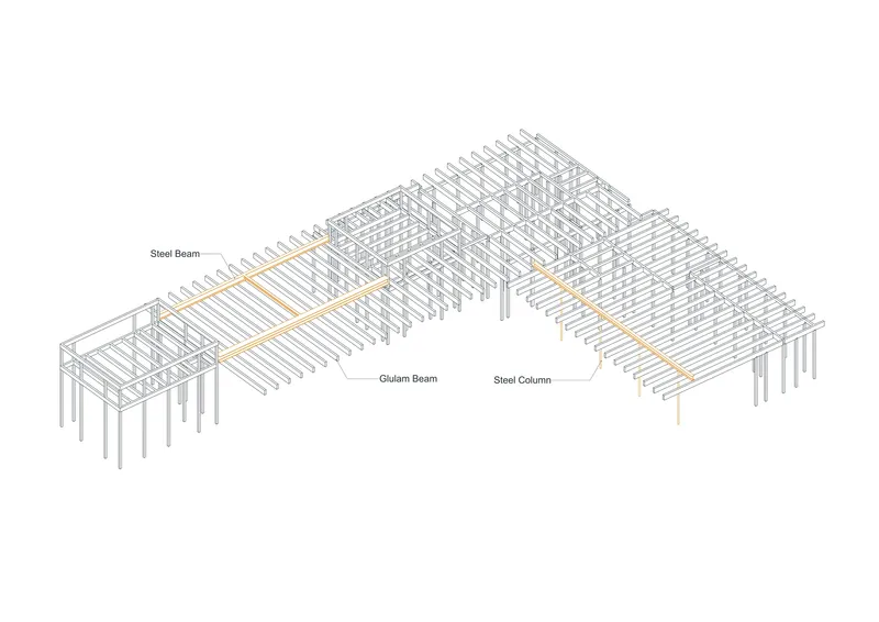 Axonometric drawing of a structural system with steel beams, glulam beams and columns supporting roof joists