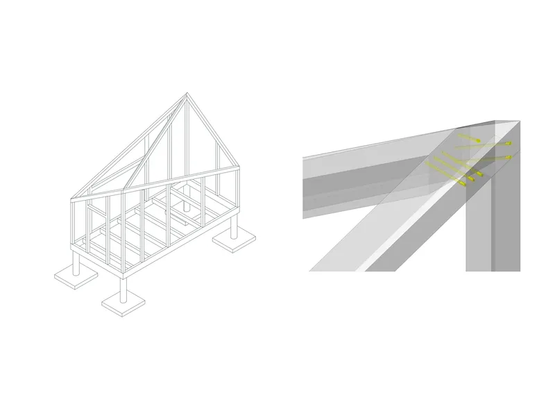 Axonometric and detail drawings of a timber-framed structure with foundation piers and ridge connection